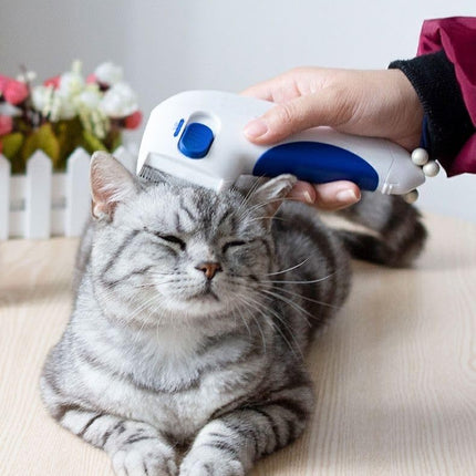 Electric pet comb being used on a relaxed cat, showcasing effortless grooming for pets.