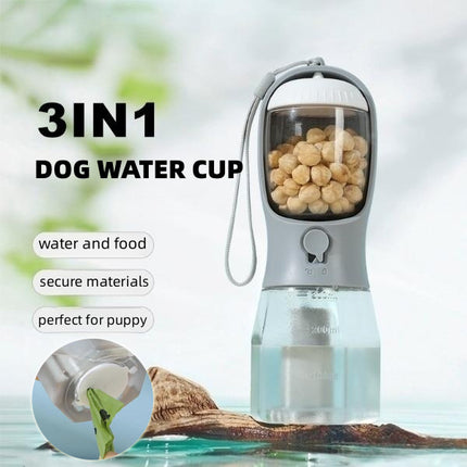 3-in-1 dog water bottle with food compartment, designed for hydration, perfect for outdoor pet adventures.