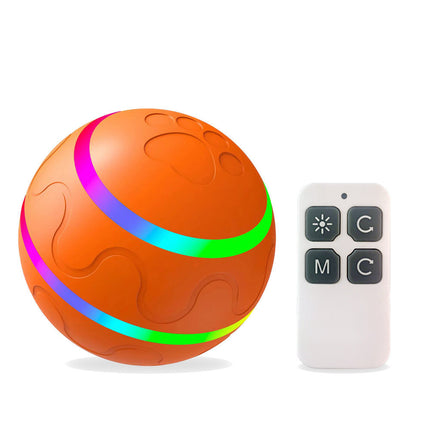 Smart Cat Toy Ball in orange with multicolored stripes next to a remote control for interactive play.