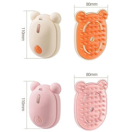 Four colorful pet grooming brushes with bear designs, featuring a massage head and ergonomic shape for comfortable use.