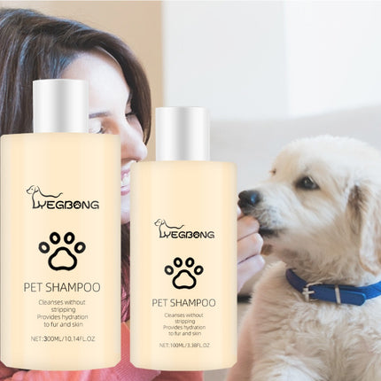 Two bottles of pet shampoo with a woman and a puppy, showing hydration and cleansing for pets' fur and skin.