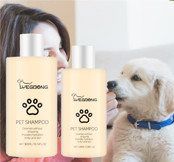 Two bottles of pet shampoo with a woman and a puppy, showing hydration and cleansing for pets' fur and skin.