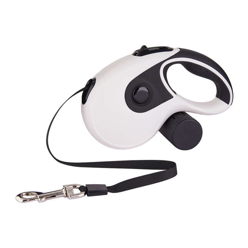 Automatic Retractable Traction Rope for Pets in white with black accents, featuring a leash and storage box.