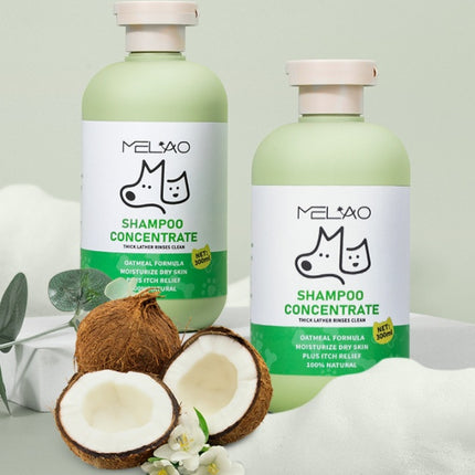 MELAO Shampoo Concentrate bottles with coconuts, designed to moisturize dry skin and provide itch relief for pets.