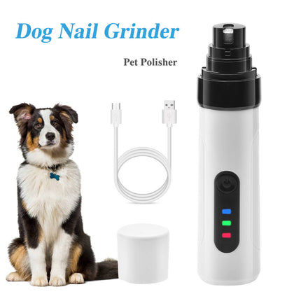 Electric dog nail grinder with USB charger, featuring a pet polish tool, next to a sitting dog.
