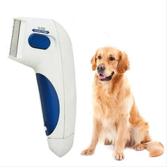 Electric pet comb beside a golden retriever, designed for easy grooming of dogs and cats, suitable for all fur types.