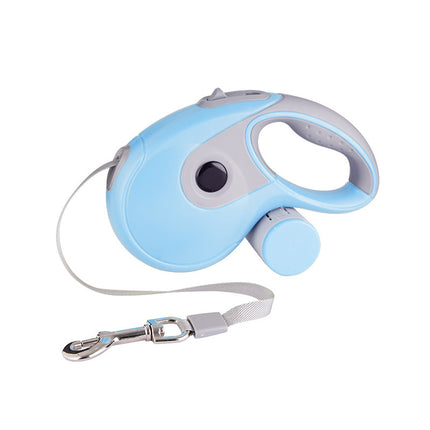 Automatic Retractable Traction Rope for Pets in blue and gray, featuring a convenient storage box and ergonomic handle.