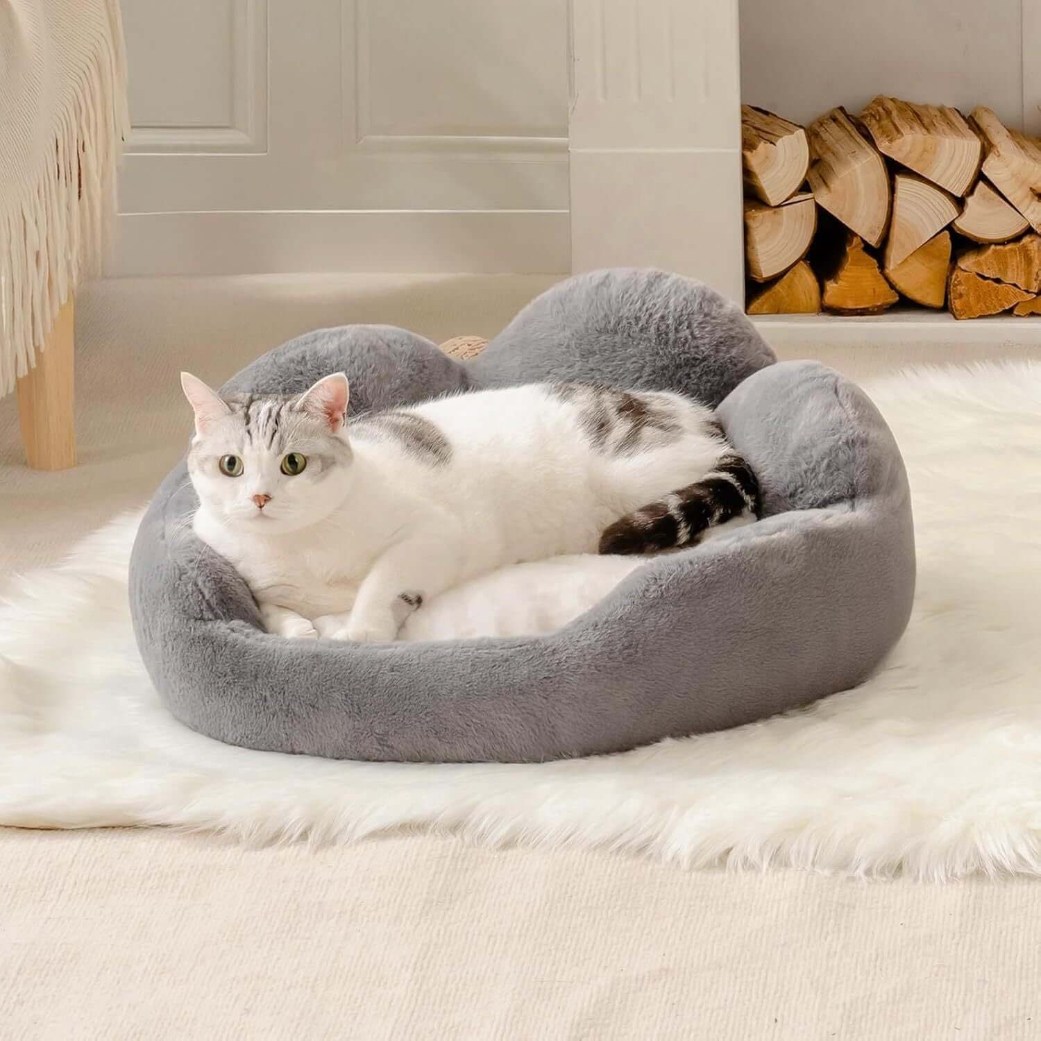 Comfy Flower Pet Bed Plush Washable Sofa for Cats & Small Dogs Gray 23