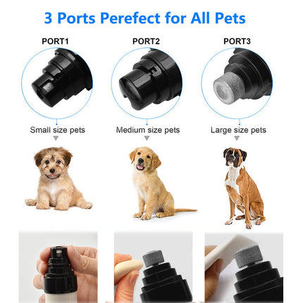 Image showing 3 different ports for electric dog nail clippers, suitable for small, medium, and large pets.