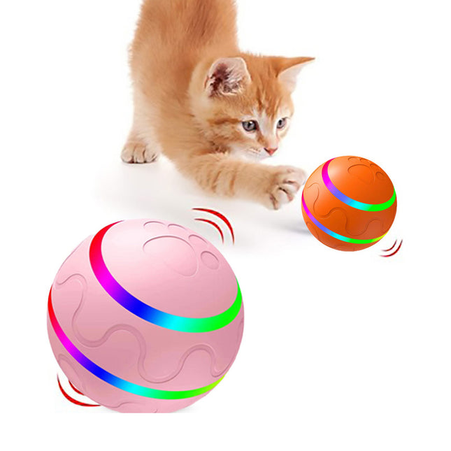 A playful orange cat engaging with colorful interactive toy balls, promoting active playtime for pets.