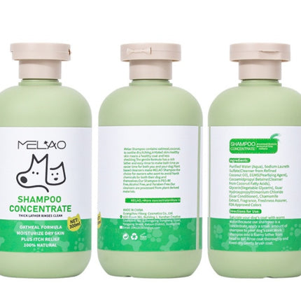 Hair Care Gentle Pet Oat Bath Shampoo by MELAO in green bottle, soothing for itchy skin, 100% natural ingredients.