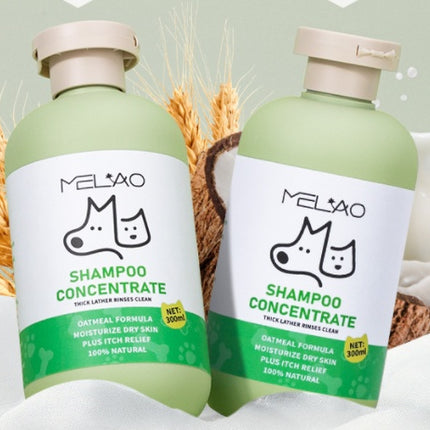 MELAO Hair Care Gentle Pet Oat Bath Shampoo in green bottles, showcasing natural ingredients for soothing dry skin.