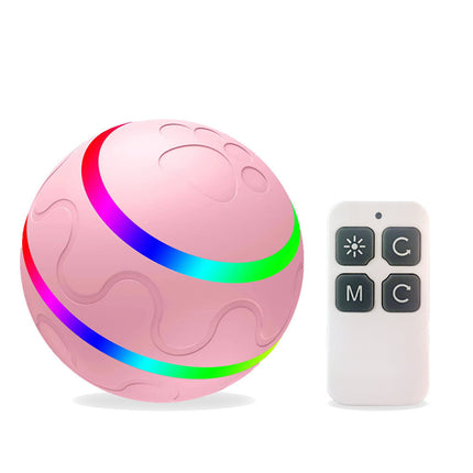 Smart Cat Toy Ball in pink with remote control, featuring a self-rotating design and colorful light stripes for interactive play.